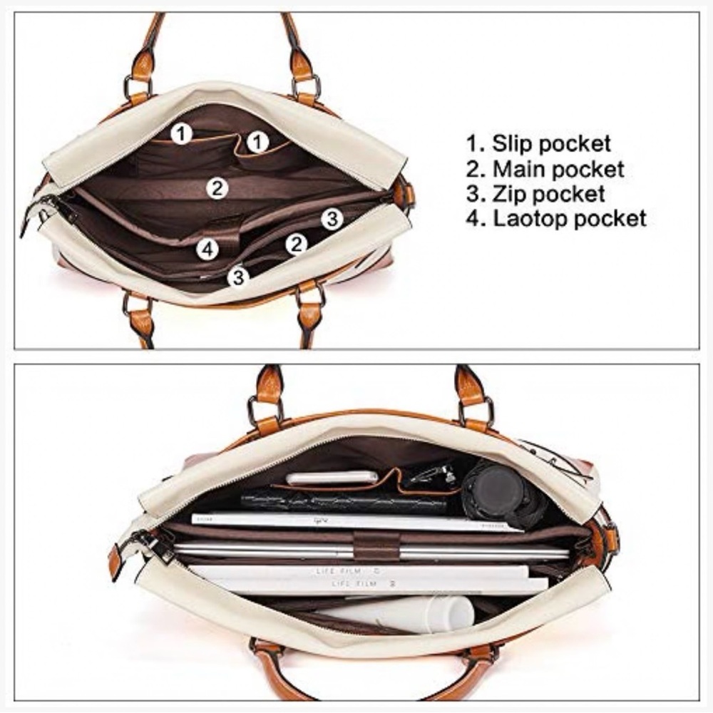 EUC- Bostanten Satchel/ Lap Top Bag- White and Tan Leather - Picture 3 of 4